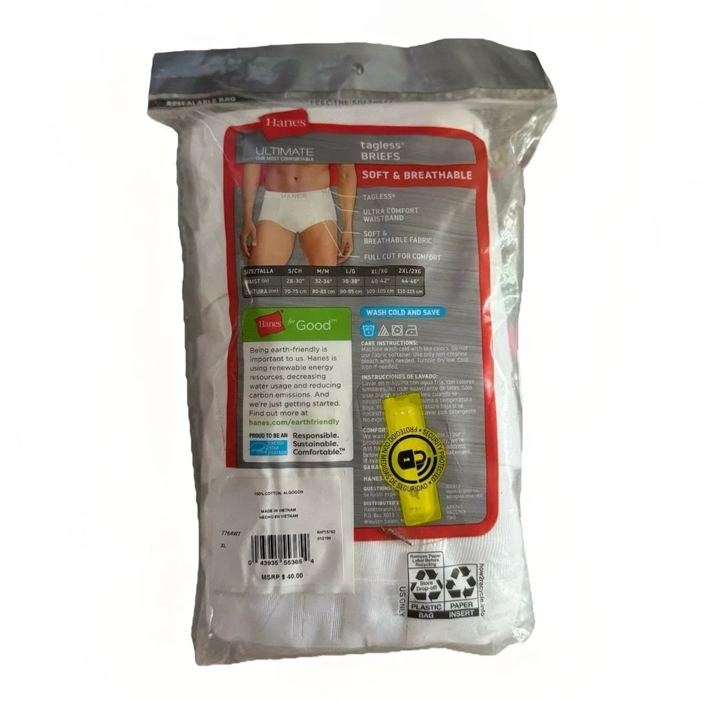 HANES‎ Tagless Briefs Mens XL White 7-Pack Ultimate Soft Breathable Full Cut